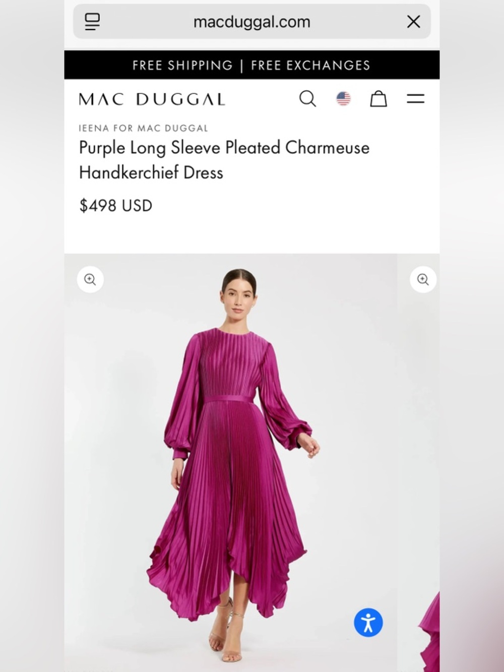 Mac Duggal Fuchsia Pleated Long-Sleeve Handkerchief Hem Dress - Picture 2 of 4
